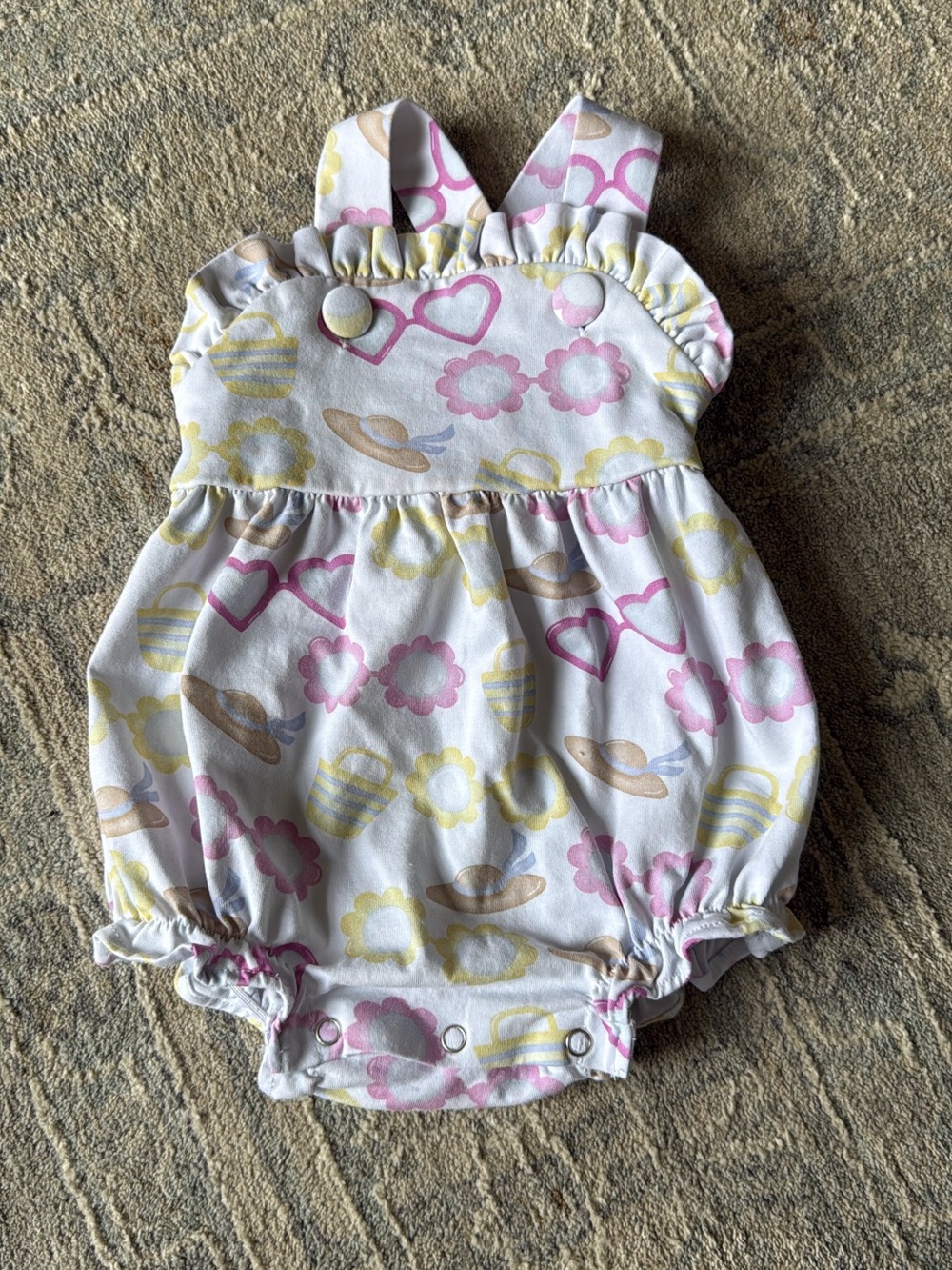 Baby Girls' White Floral & Heart Print Romper - Pink & Yellow